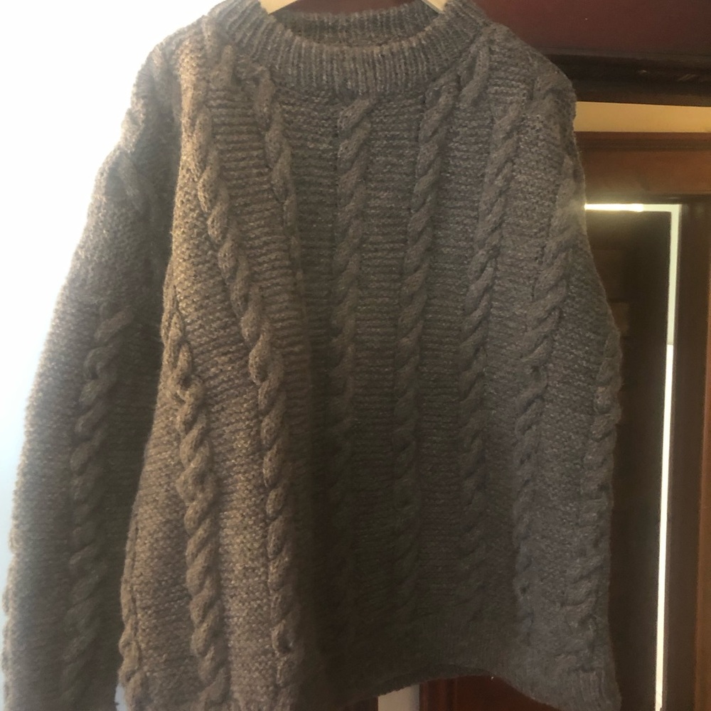Handmade Irish Chunky Cable Knit Sweater in Dark Brown/Gray Heather